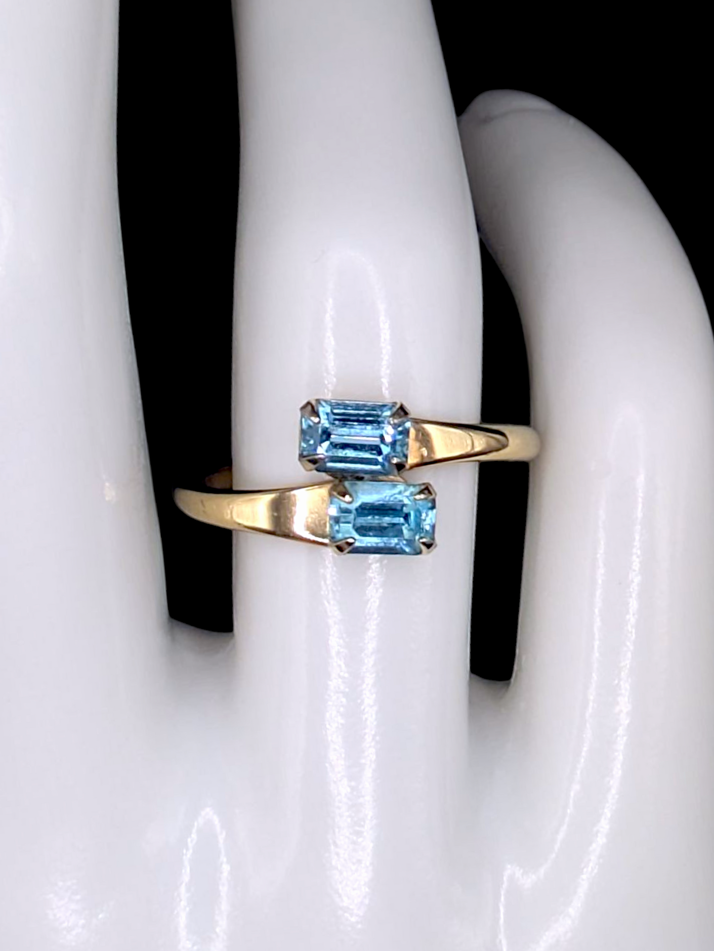 Vintage Inspired Twin Baguette Cut Simulated Blue Topaz Crossover Gold Toned Ring