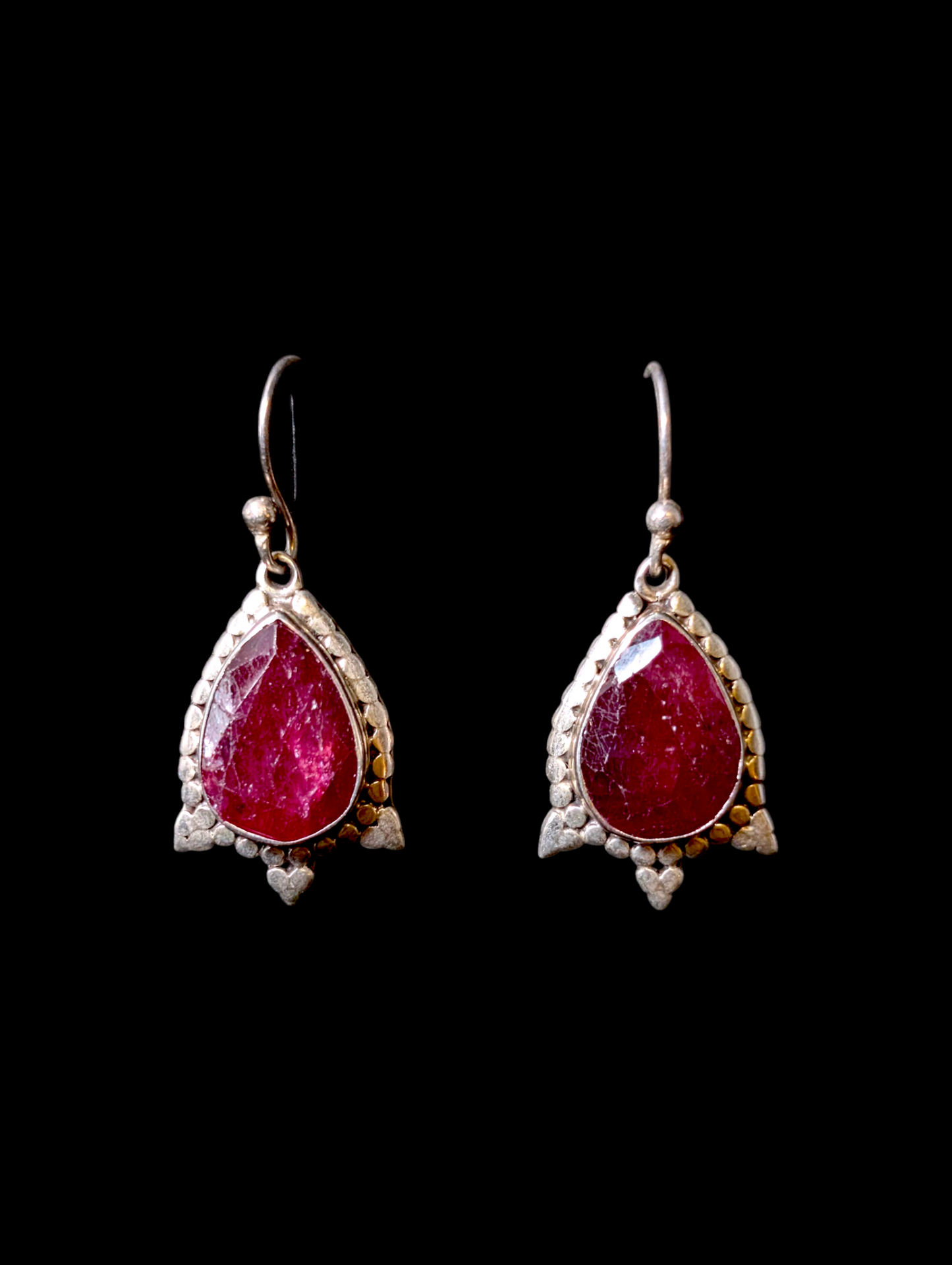 Vintage Faceted Bezel Set Earth Mined Genuine Kashmir Ruby Sterling Silver Dangle Earrings
