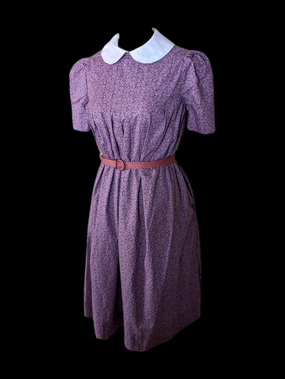 Vintage Cotton Purple Floral Pioneer Dress with Peter Pan Collar, Puffed Short Sleeves and Pleated Details