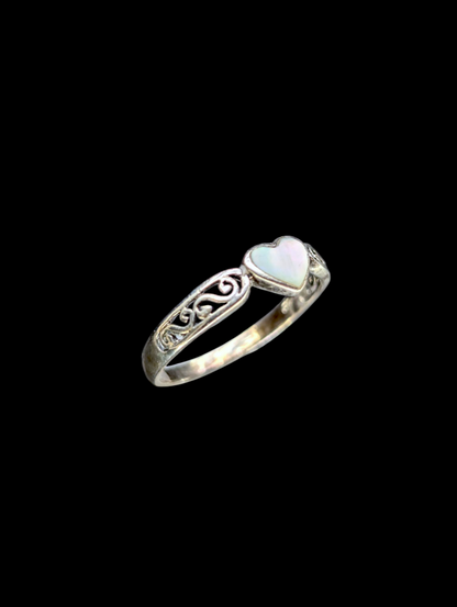 Vintage Heart Filigree Genuine Mother of Pearl Sterling Silver Ring