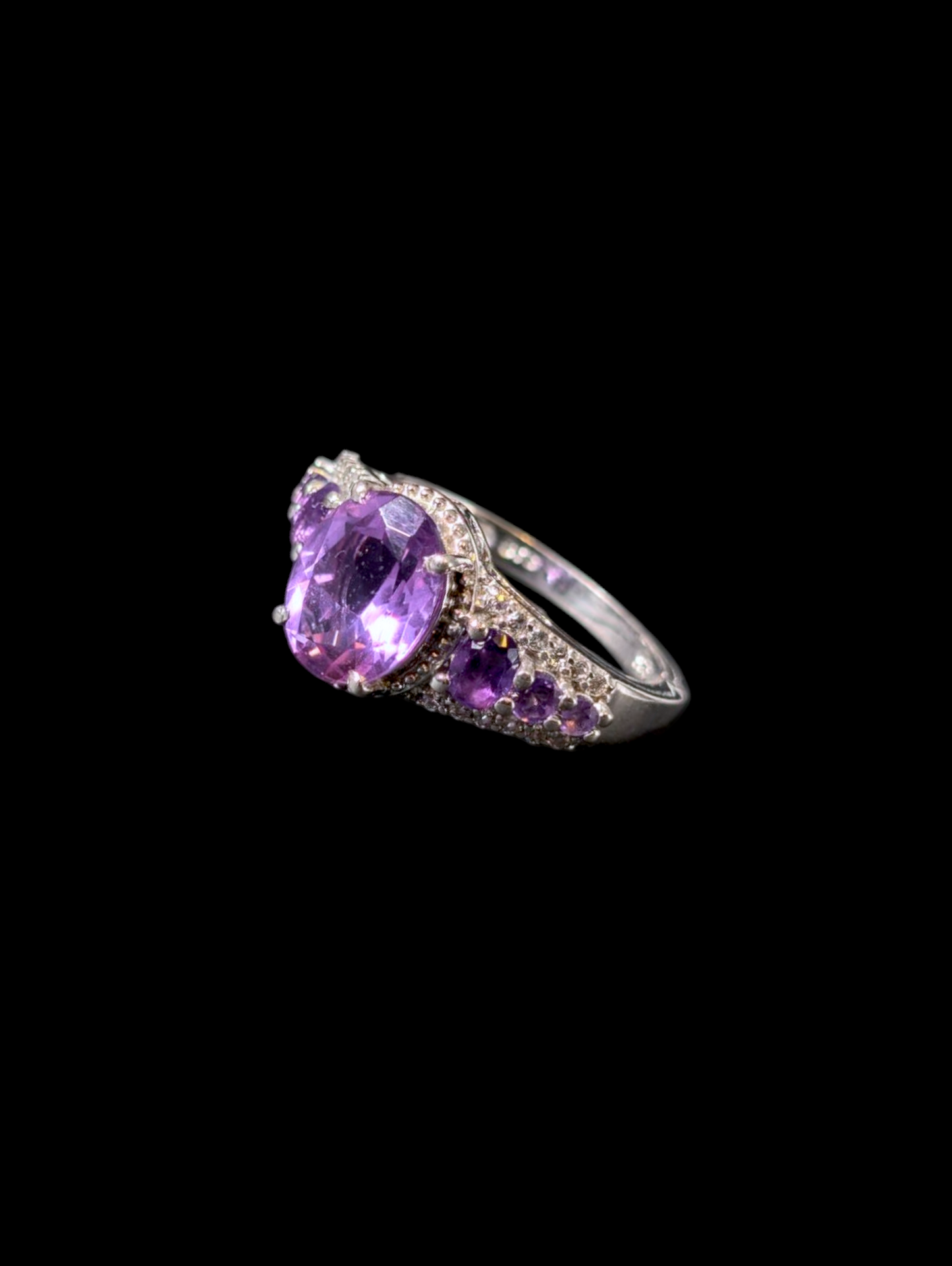 Vintage Graduating Genuine Grape Amethyst with White Zircon Halo Sterling Silver Statement Ring