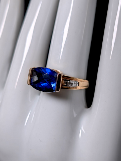 Vintage East West Checkerboard Cut Genuine Royal Blue Sapphire and Diamond Accented 18k Yellow Gold Vermeil Ring