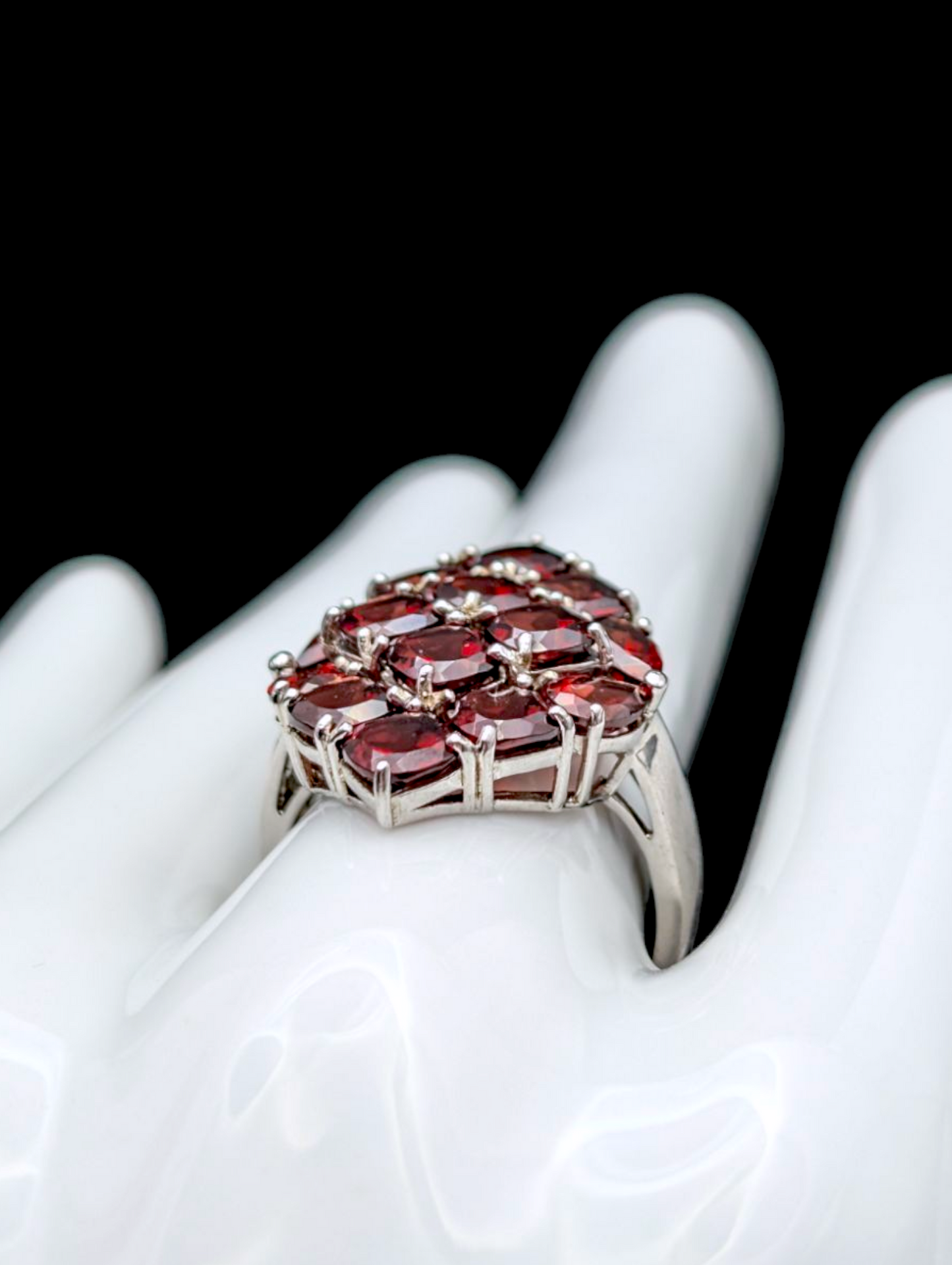 Vintage 9+ Carat Genuine Mozambique Red Garnet Cluster Rhodium over Sterling Silver Ring
