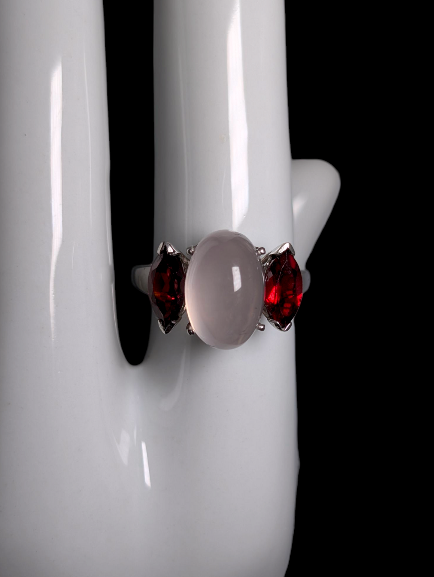 Vintage Cabochon Genuine Rose Quartz and Garnet Marquise Accent Stones Sterling Silver Ring