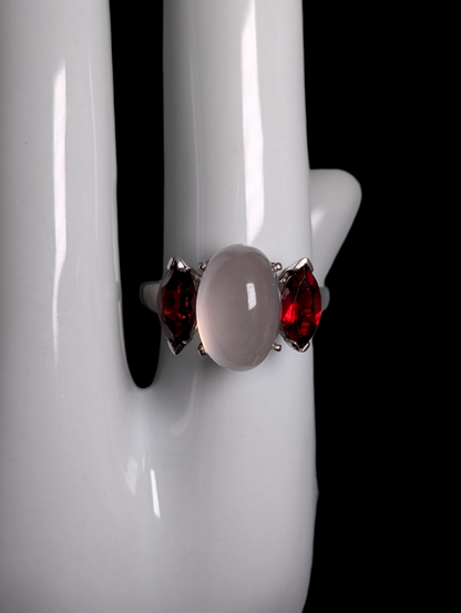Vintage Cabochon Genuine Rose Quartz and Garnet Marquise Accent Stones Sterling Silver Ring