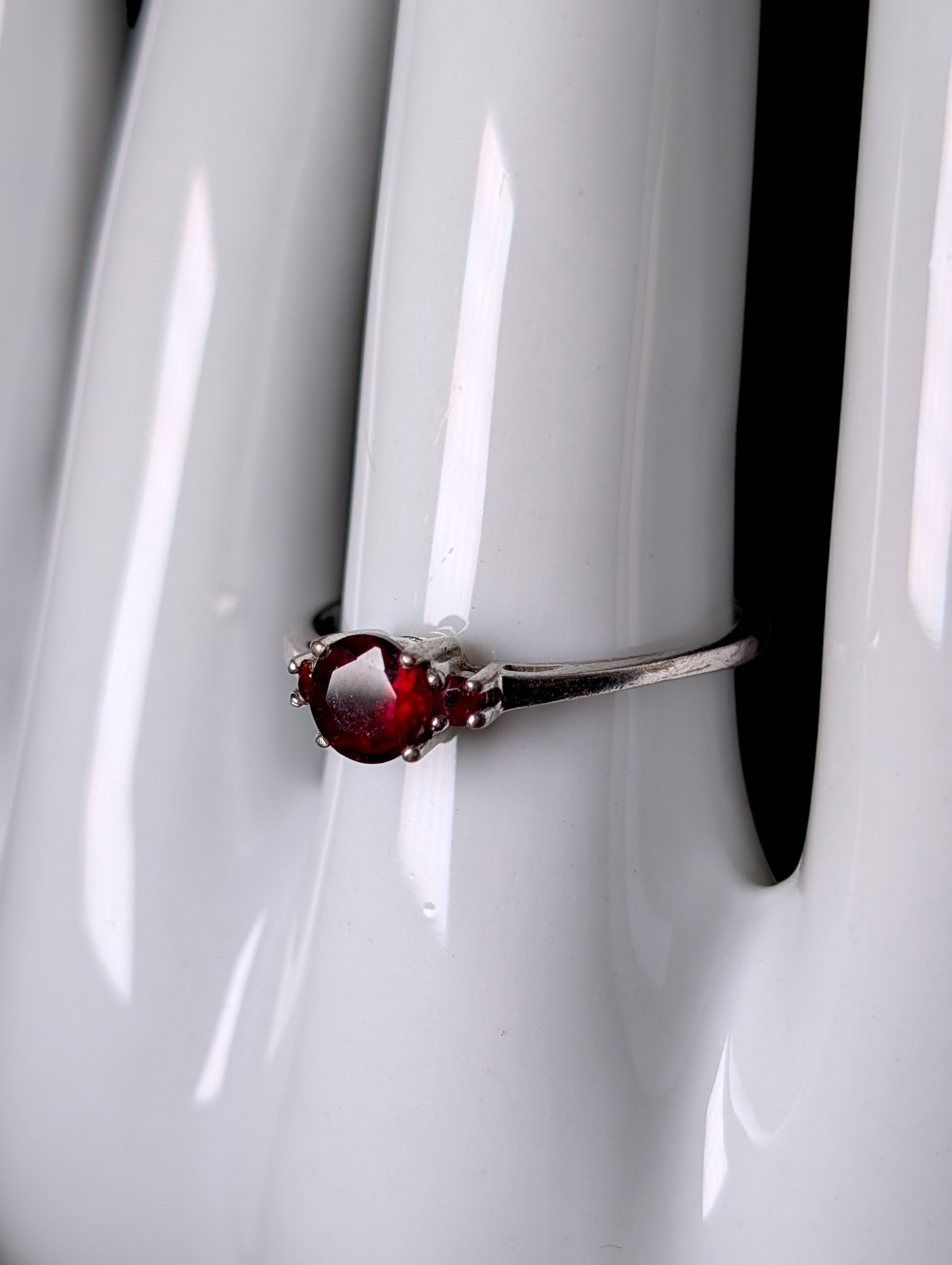Vintage Dainty Round Cut Genuine Red Garnet Trio Sterling Silver Stackable Ring