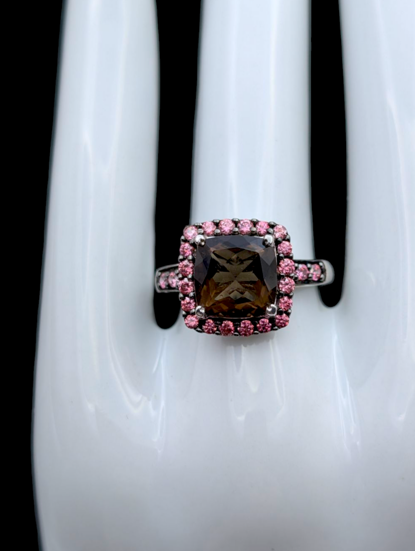 Vintage Cushion Cut Genuine Smoky Quartz and Simulated Pink Sapphire Sterling Silver Ring