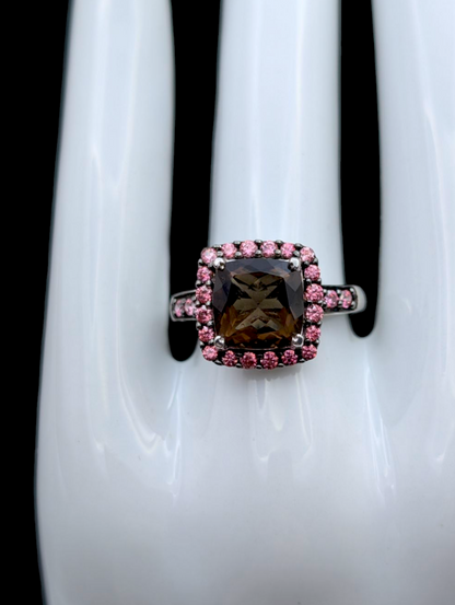 Vintage Cushion Cut Genuine Smoky Quartz and Simulated Pink Sapphire Sterling Silver Ring