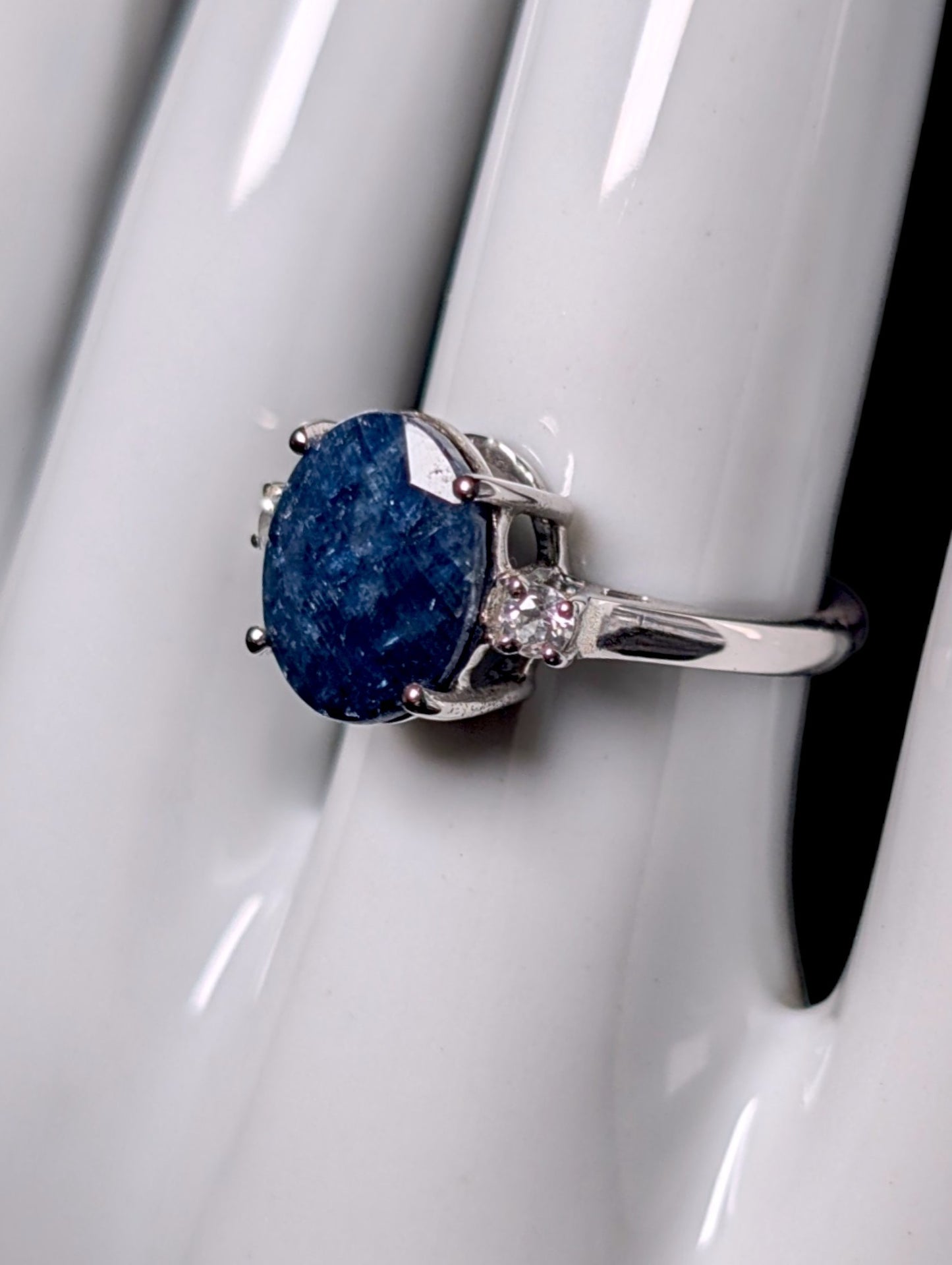 Vintage 3.8 Carat Earth Mined Blue Sapphire Solitaire and White Topaz Sterling Ring