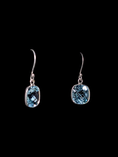 Vintage Cushion Rose Cut Genuine Swiss Blue Topaz Sterling Silver Dangle Earrings