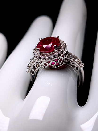 Vintage Princess Cut Genuine Ruby Solitaire and Simulated Diamond Halo Sterling Silver Ring