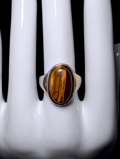 Vintage Monet Genuine Tiger's Eye Solitaire Antique Gold Toned Ring