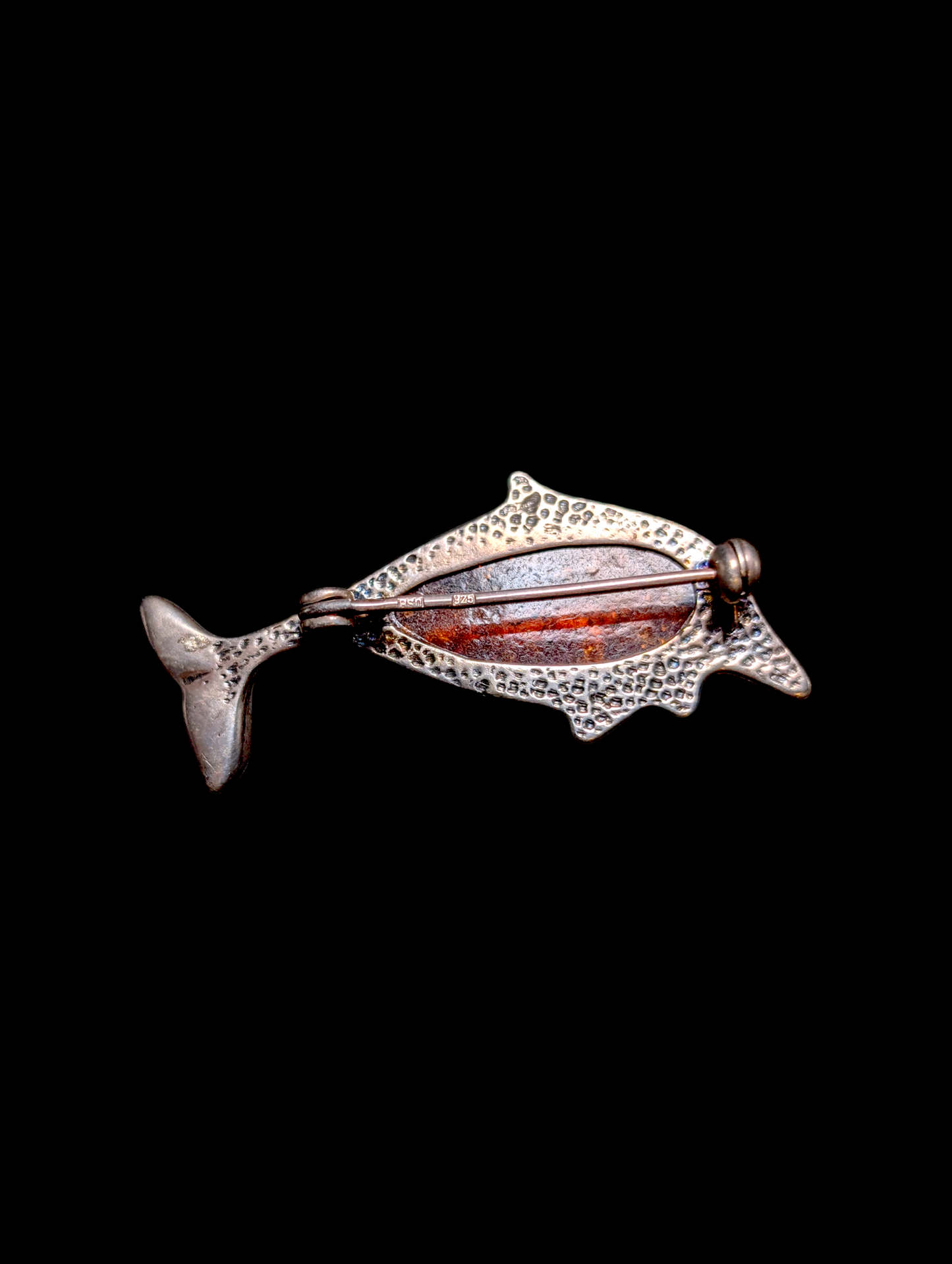 Vintage Dolphin Genuine Baltic Amber Jelly Belly Sterling Silver Brooch Pin