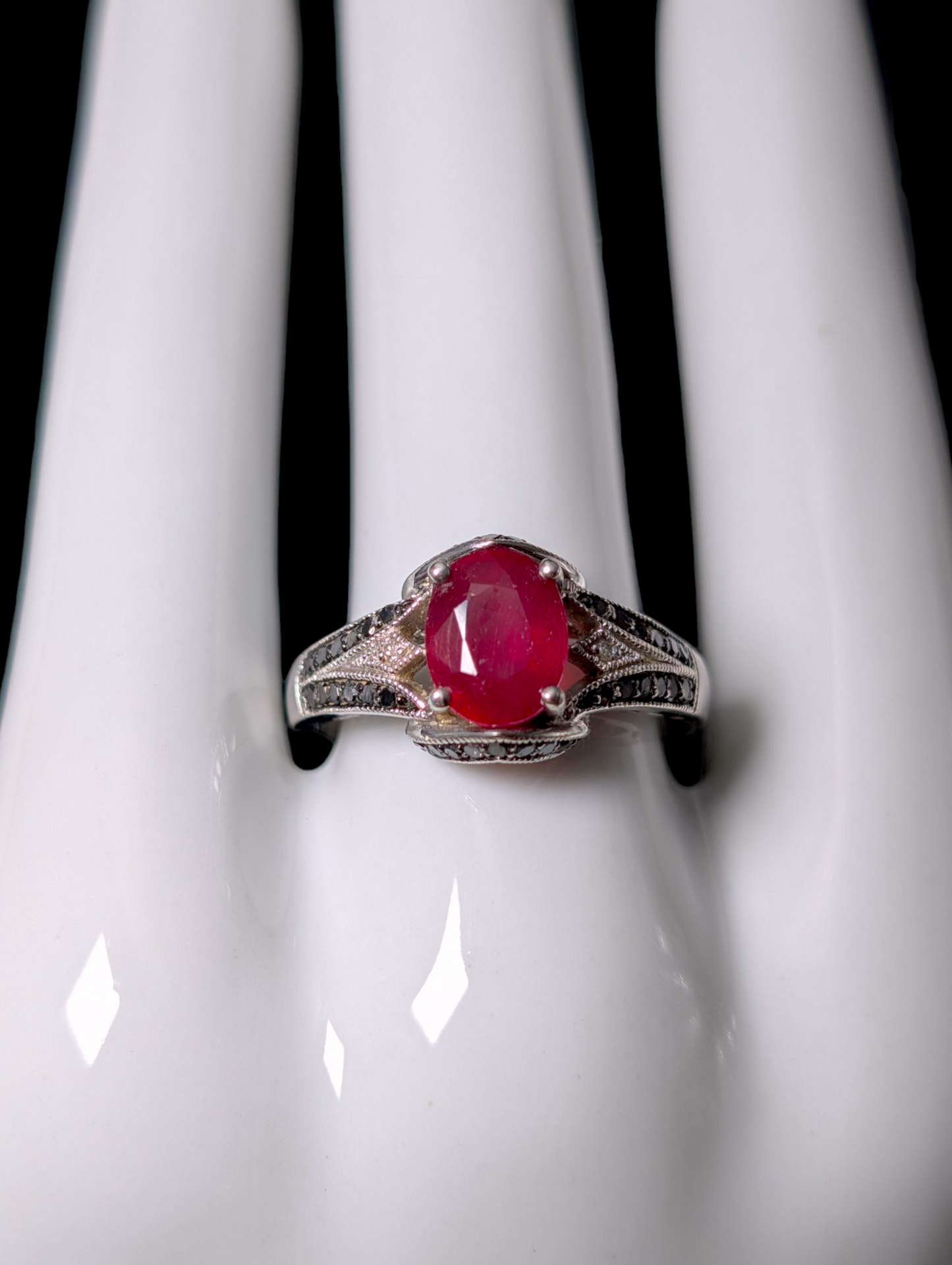 Vintage Art Deco Inspired Oval Cut Earth Mined Genuine Ruby Solitaire with Black and White Diamond Accents Sterling Silver Ring