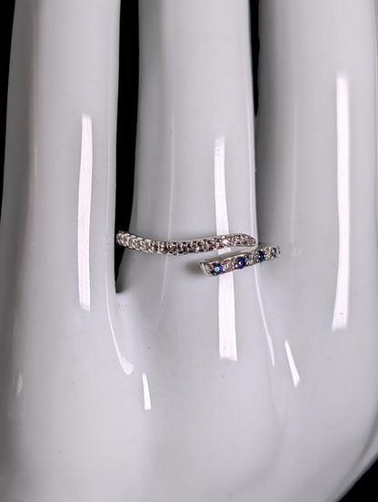 Vintage Round Cut Genuine Blue and White Sapphire Bypass Stackable Sterling Silver Ring