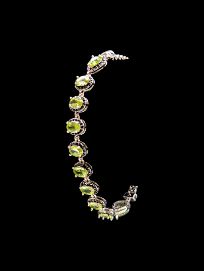 Vintage Genuine Peridot and Black Spinel Gemstone Sterling Silver Tennis Bracelet