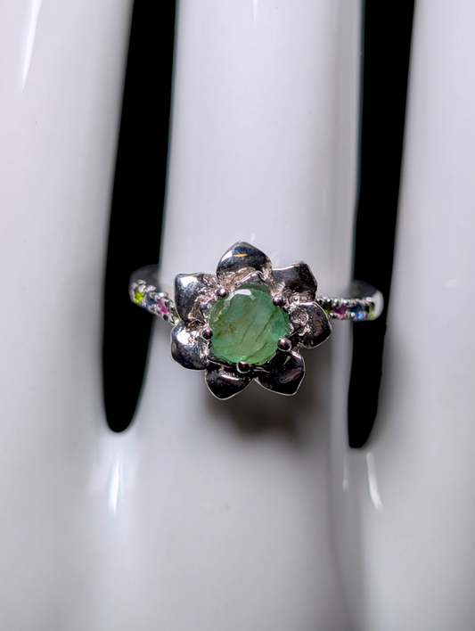 Vintage Multi-stone Earth Mined Round Cut Genuine Emerald Solitaire with Ruby, Chrome Diopside and Sapphire Accented Flower Sterling Silver Ring