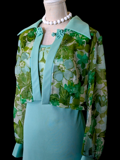 1970s "Secret Garden" Chiffon Bolero Set in Mint Green with Butterfly Collar