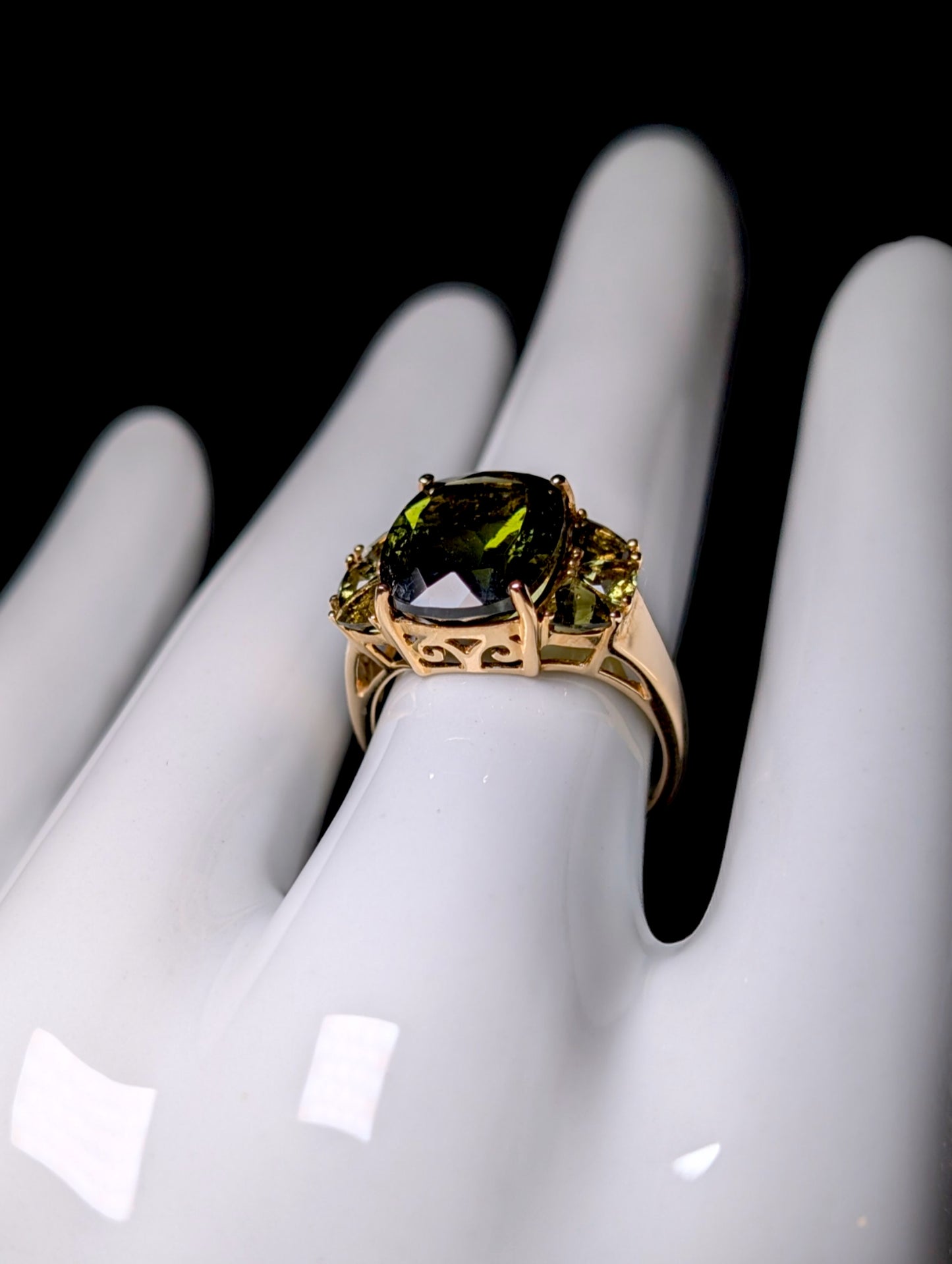 Vintage Cushion Cut Genuine Moldavite Solitaire 10k Yellow Gold Statement Ring