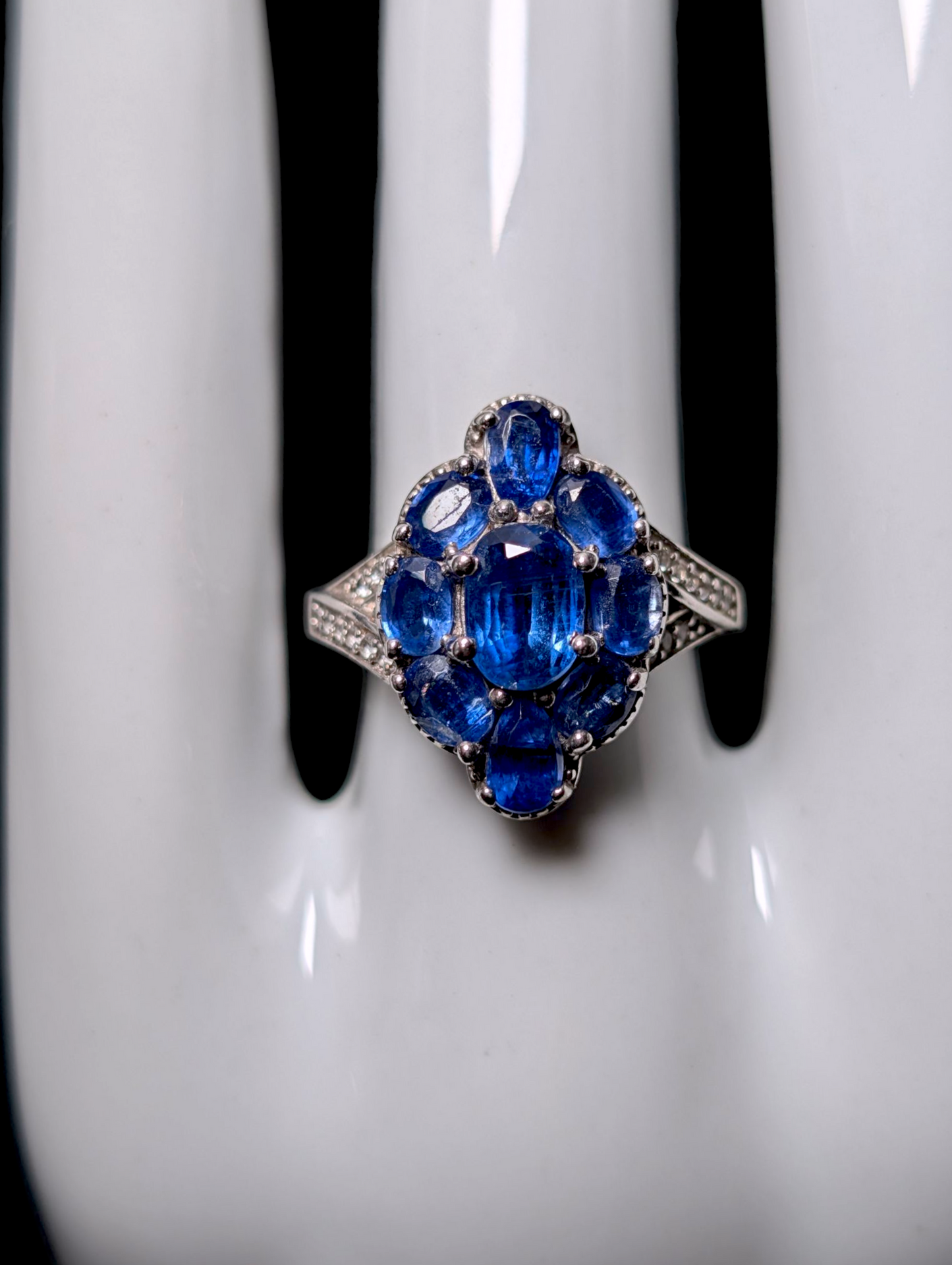 Vintage Cluster Genuine Kashmir Kyanite with White Zircon Accents Cross Over Sterling Silver Ring
