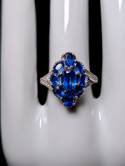 Vintage Cluster Genuine Kashmir Kyanite with White Zircon Accents Cross Over Sterling Silver Ring
