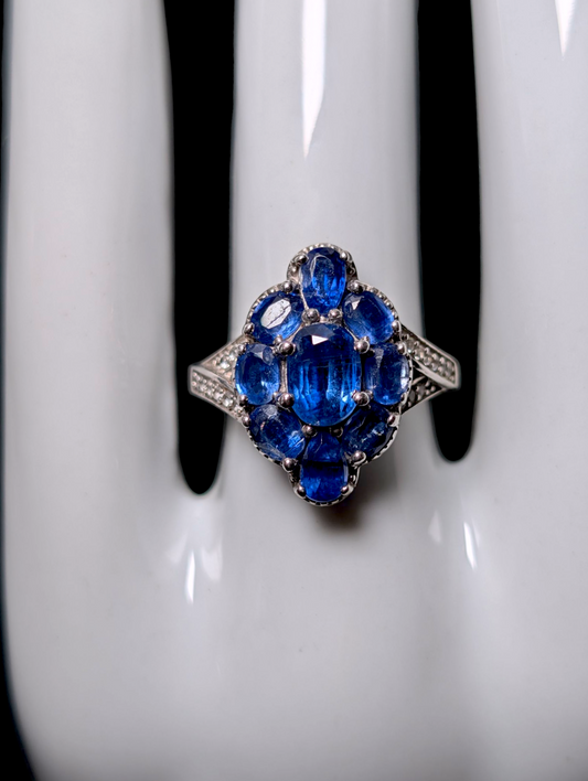 Vintage Cluster Genuine Kashmir Kyanite with White Zircon Accents Cross Over Sterling Silver Ring