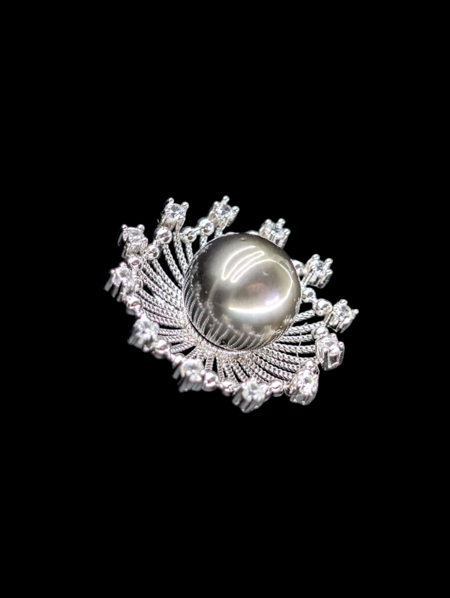 Vintage Large Black Cultured Genuine Tahitian Pearl and White Topaz Sterling Silver Pendant