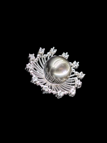 Vintage Large Black Cultured Genuine Tahitian Pearl and White Topaz Sterling Silver Pendant