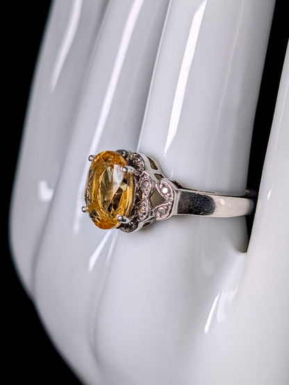 Vintage Large Oval Solitaire Genuine Citrine and Diamond Sterling Silver
