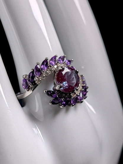 Vintage Inspired Genuine Color Changing Alexandrite, White Topaz and Amethyst Cross Over Sterling Silver Ring