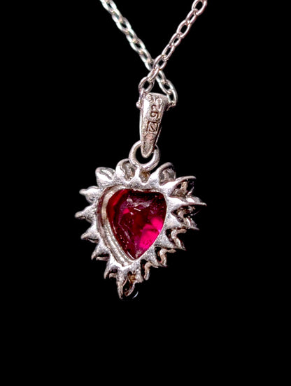 Vintage Genuine Ruby Heart, Simulated Diamond Halo Sterling Silver Pendant