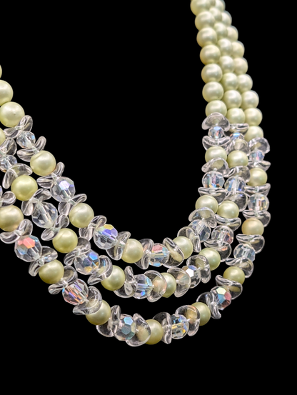 1950s Seafoam Green Freshwater Faux Pearl 3 Strand Necklace with Aurora Borealis Crystal Beads