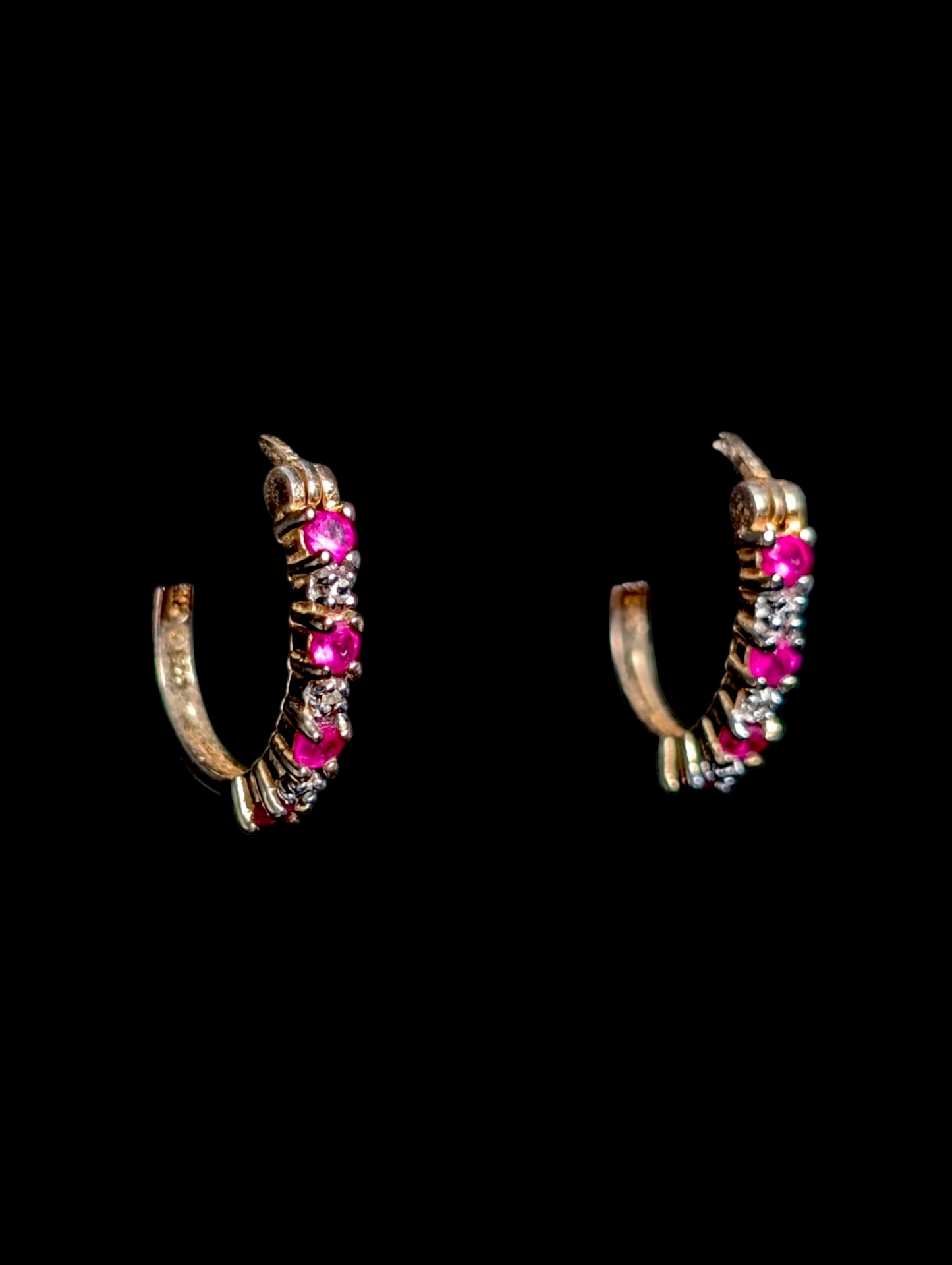 Vintage Genuine Ruby and Diamond Accent 14k Yellow Gold Vermeil Hoop Earrings