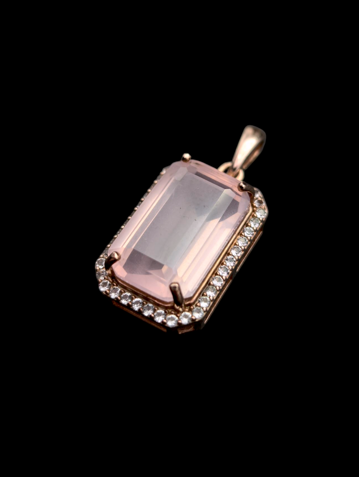 Vintage Inspired Emerald Cut Genuine Morganite and Zircon Halo 18k Rose Gold over Sterling Pendant
