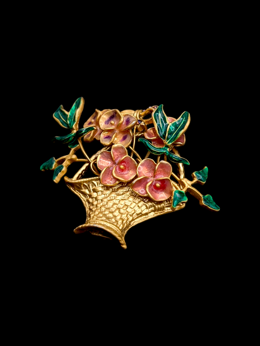 1940s - 1960s Enamel Pink Flowers in Gold Basket with Poseable Green Leaves Brooch Pin