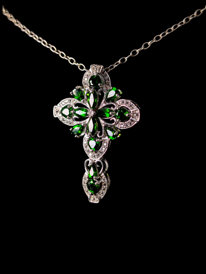 Vintage Large Earth Mined Genuine Chrome Diopside and White Zircon Sterling Cross Religious Pendant and Sterling Silver Chain Necklace
