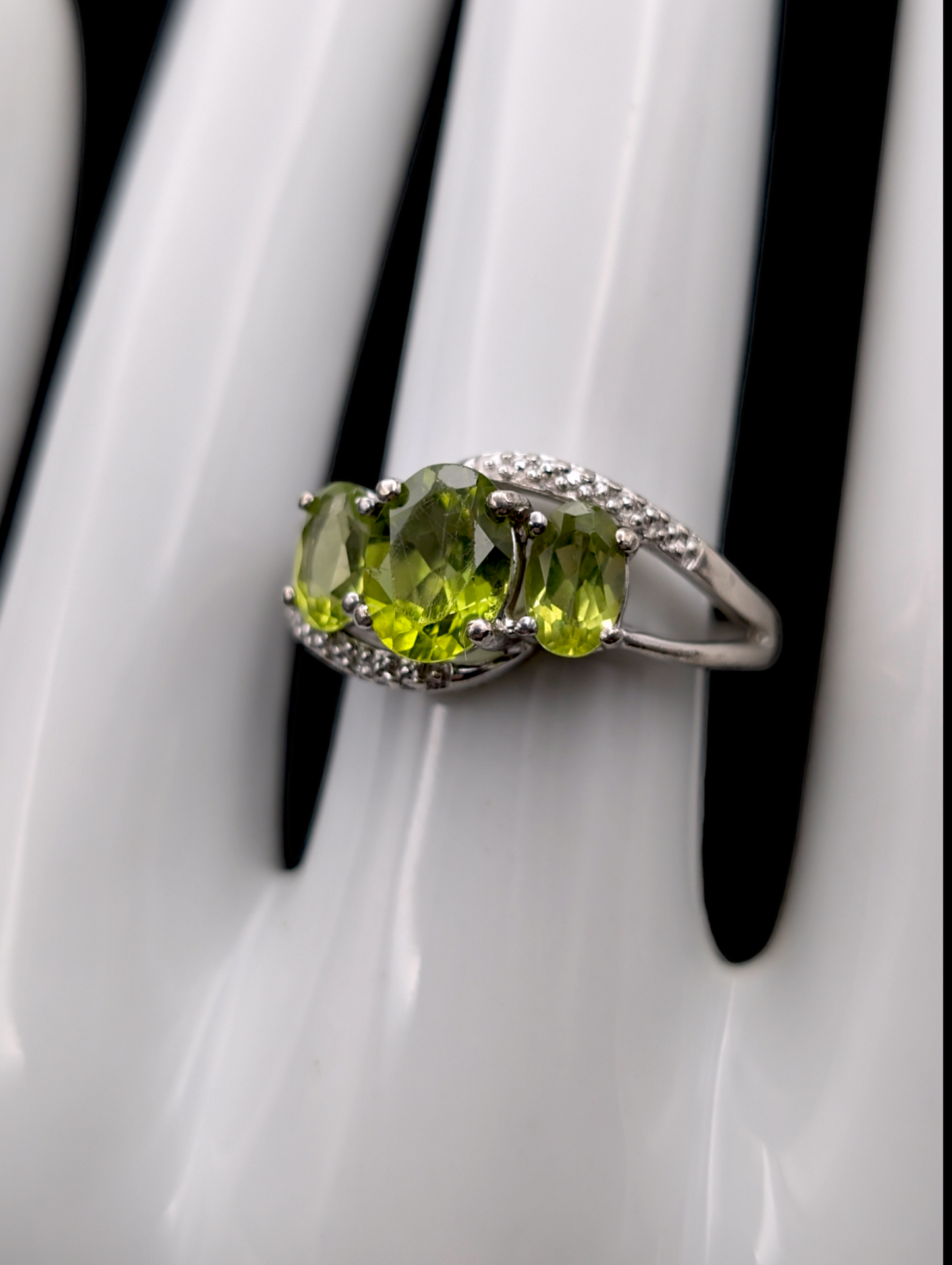 Vintage 3 Stone Oval Cut Genuine Peridot and Diamond Sterling Silver Ring