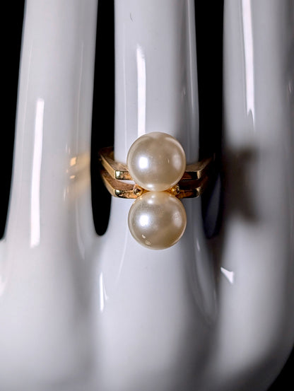 Vintage Double Faux Pearl Two Band Gold Toned Ring
