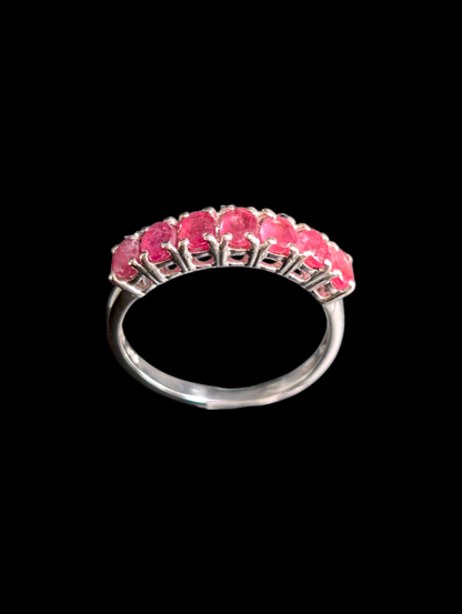 Vintage Half Eternity Oval Cut Earth Mined Genuine Ruby Sterling Silver Band Ring