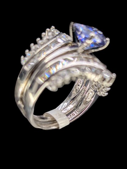 Vintage Inspired Simulated Tanzanite and Diamond 3 Piece Sterling Silver Ring Set