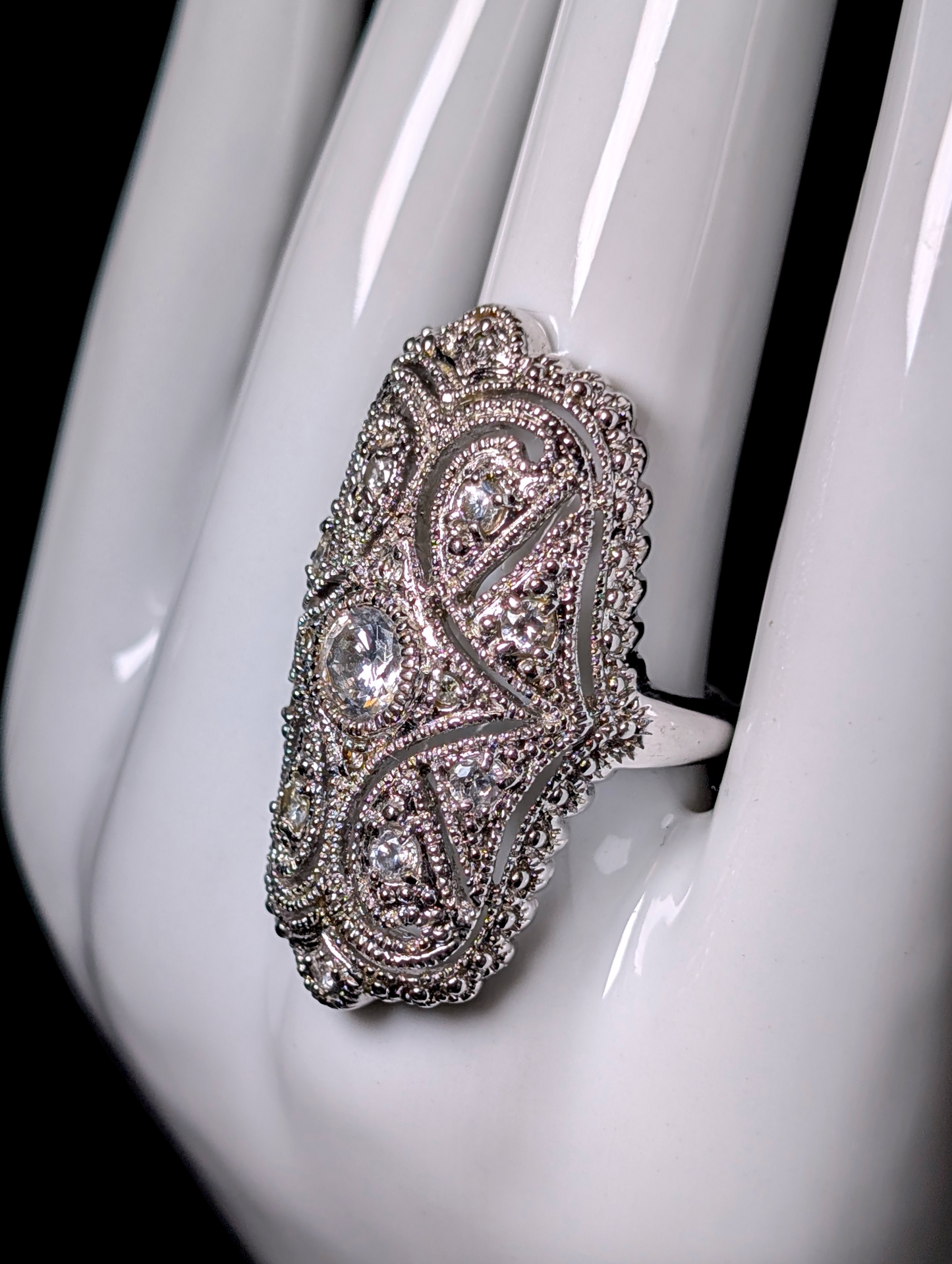 Vintage Edwardian Inspired Dazzling Simulated Diamond Sterling Silver Statement Ring