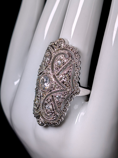 Vintage Edwardian Inspired Dazzling Simulated Diamond Sterling Silver Statement Ring