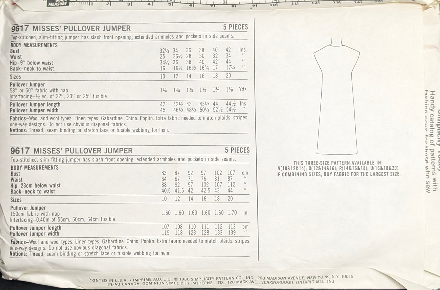 1980s Original Vintage Sewing Pattern: Simplicity 9617 Size 10, 12, & 14