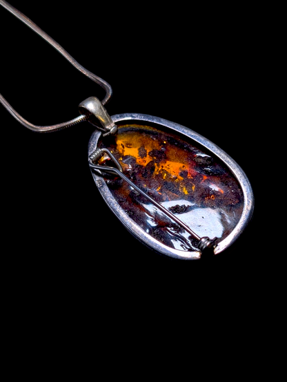 Vintage Large Genuine Baltic Amber Sterling Silver Statement Pendant Brooch with Italy Necklace