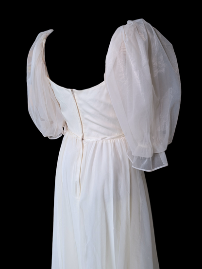 Vintage Chiffon Tea Length Soft White Wedding Dress with Puff Sleeves and Satin Ribbon