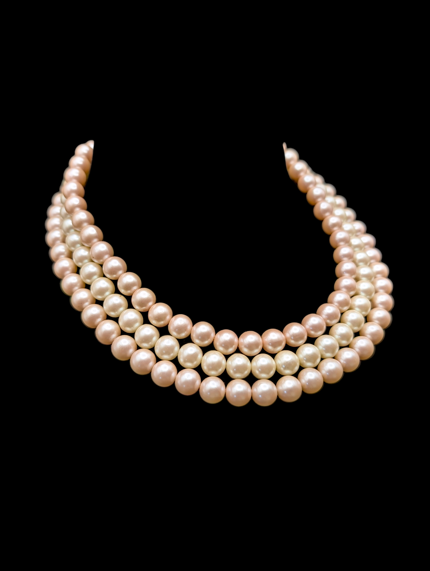 1950s Fresh Water 3 Strand Pink and White Glass Pearl Bib Necklace