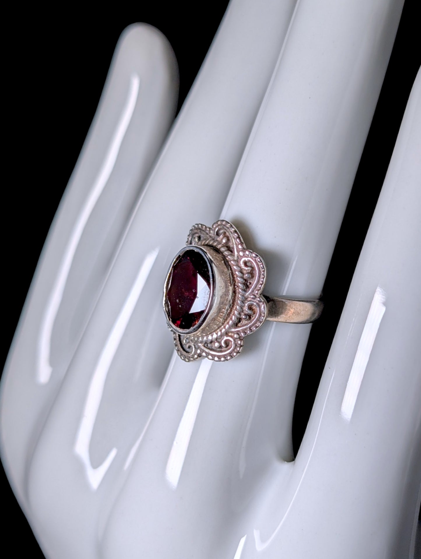 Vintage Artisan Genuine Garnet Bezel Set Solitaire Sterling Silver Ring