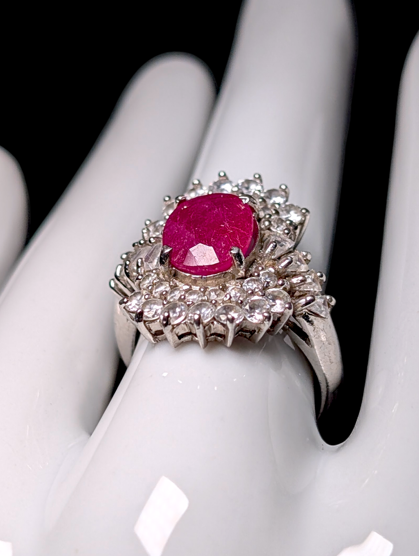 Vintage Art Deco Inspired Earth Mined Genuine Ruby Solitaire and Simulated Diamond Double Halo Sterling Silver Ring