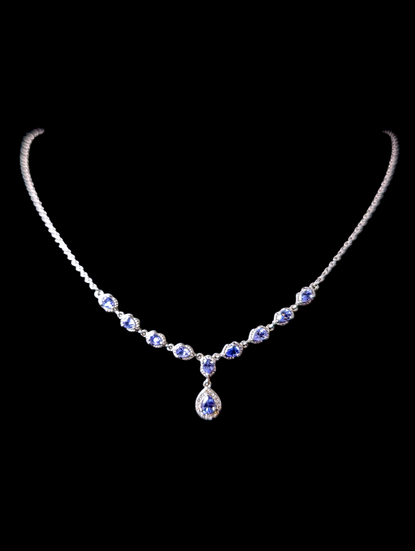 Vintage Inspired Elegant Genuine Tanzanite and White Zircon Sterling Silver Dangle Necklace