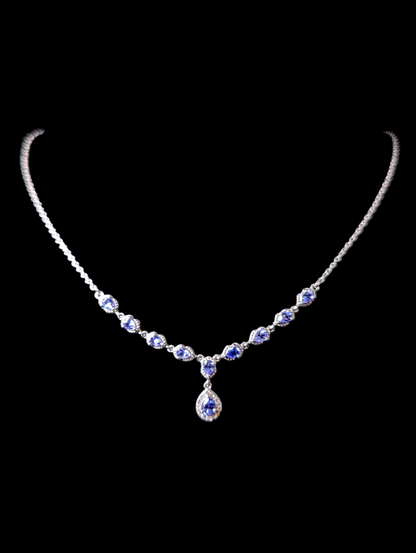Vintage Inspired Elegant Genuine Tanzanite and White Zircon Sterling Silver Dangle Necklace